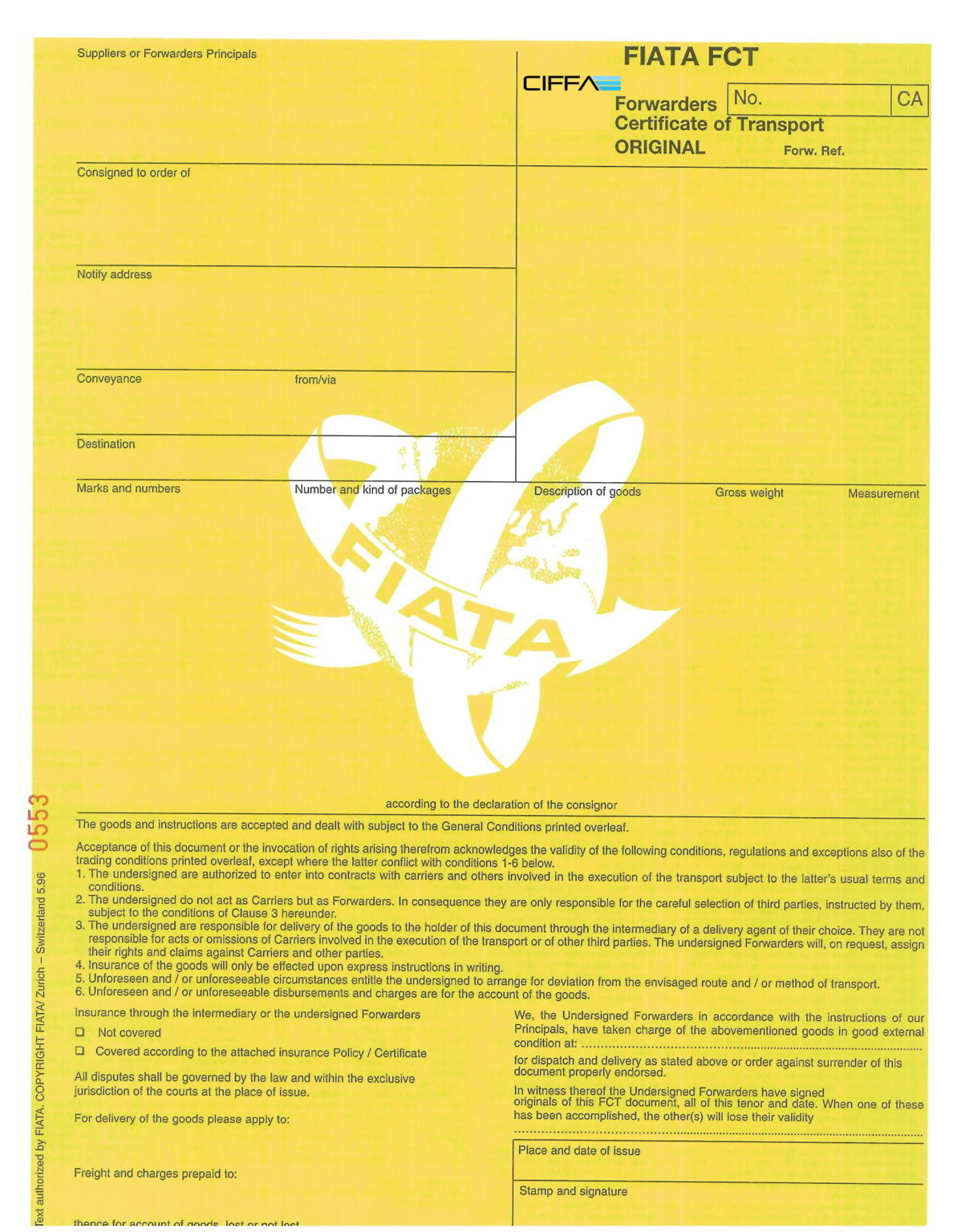 FCT (50/PK) Forwarders Certificate of Transport - CIFFA